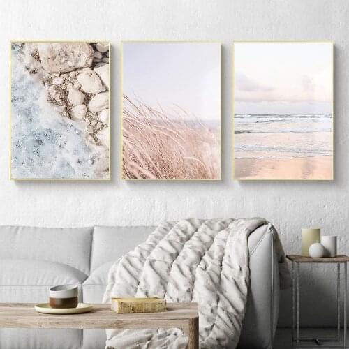 Scandinavian Nature Landscape Canvas Painting Grass Pink Beach Sunset Wall Art Poster Nordic Print Modern Pictures Home Decor