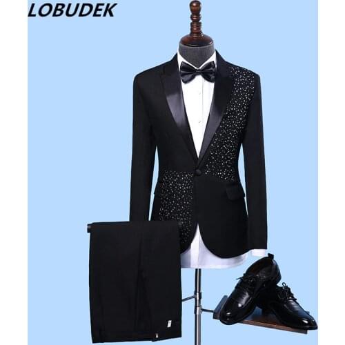 Adult Mens Suits stage Costume Wedding groom slim clothing Host Party Blazers Group musical performance Bar Crystals slim suit