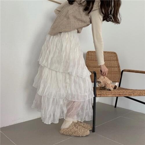 Ruffles Pleated Midi Skirts Women High Elatsic Waist Pleated Skirt Casual Loose Cake Long Chiffon Skirts Summer Black White