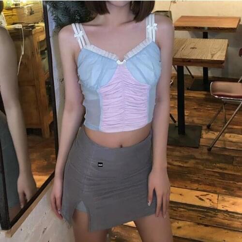 Girls Summer Sexy Ruched Decoration Camisole Ladies Creative Color Matching Sleeveless Midriff-baring Tank Top Slim Base Shirt