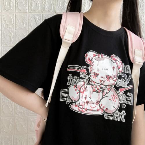 Female cartoon Bear top tees short sleeve Punk Gothic print Ulzzang clothes kawaii harajuku album Aesthetic vintage women Tshirt