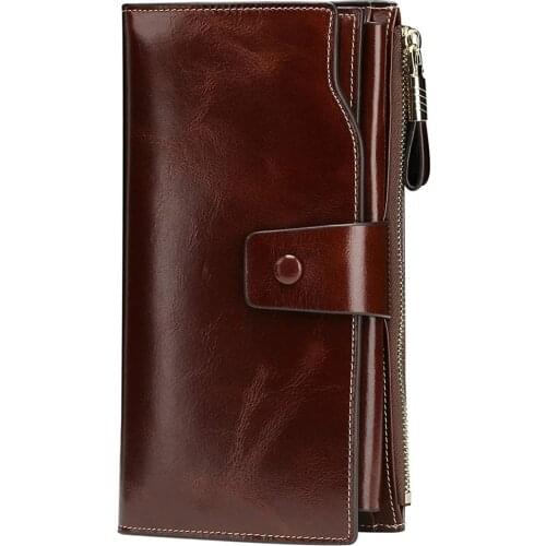 Womens RFID Blocking Large Capacity Luxury Wax Genuine Leather Clutch Wallet Card Holder Organizer Ladies Purse