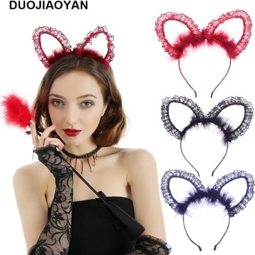 DUOJIAOYAN NEW Women Lace Hairy Catgirls Hair Band Animal Hair hoop Fabric Cosplay hair accessories Party sexy cat ears headband