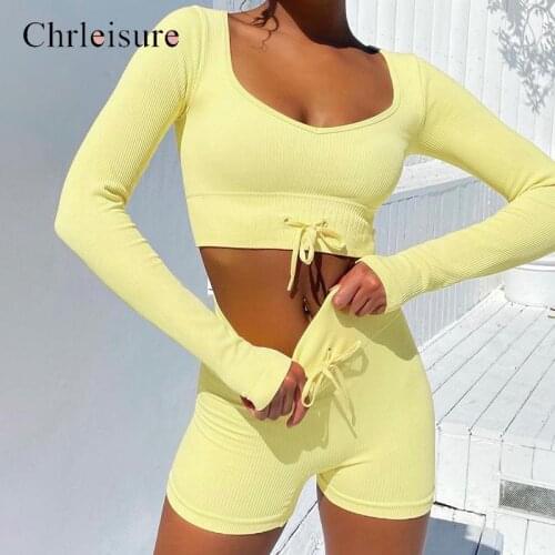 CHRLEISURE Seamless High Waist Sports Set Women Fitness Sports Suits Women Gym Clothes Ribbed Drawstring Sexy Set Women