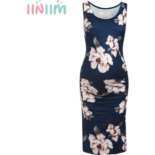 Womens Maternity Tank Elegant Dress Floral Print Overlay Sleeveless Pregnant Dress Ruched Sides Bodycon Dress for Part Weeding