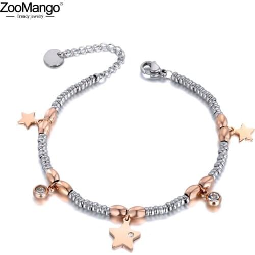 ZooMango Titanium Stainless Steel CZ Crystal Star Charm Bracelets For Women Girls Rose Gold Chain Link Bracelet Jewelry ZB19105