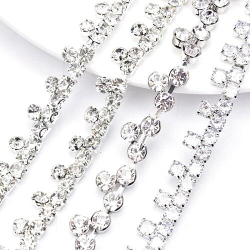 1 Meter Crystal Rhinestone Chain 1Cm Wide 3pc Silver Zircon Diamonds Flower Trimming Sew On Garment Diy Wedding Dress Shoes Bags