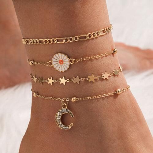 4 Pcs/Set Daisy Flower Charm Ankle Bracelets for Women Cute Moon Star Anklet Bracelets Girls Foot Chains Boho Beach Jewelry Gift