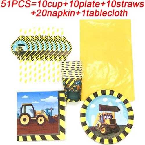 51pcs Construction Vehicle Excavator party supplies tableware paper plates flags cup napkin baby shower party decor tablecloth