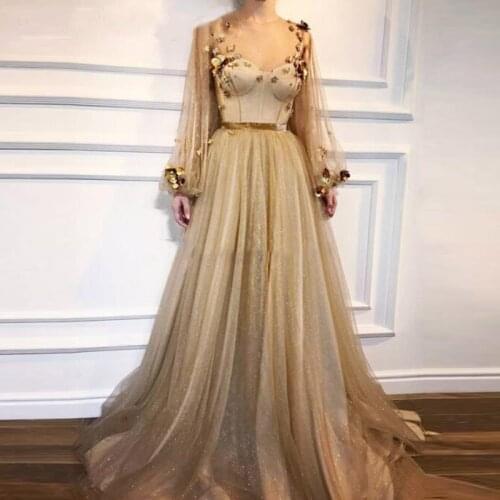 Glitter Tulle Gold Long Prom Dresses 2019 Illusion Long Sleeves A Line Formal Gowns Zipper Bottom Back Elegant Evening Dress