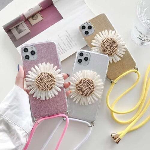 Cute Summer Flower Glitter Soft Lanyard Phone Case For Samsung Galaxy M10 A30 A50 A70 A10S A20S A51 A71 A91 A81 A01 A31 A21S