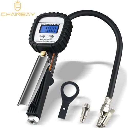 Digital Tire Inflator Pressure Gauge with Air Rubber Hose, Range from 0-150 PSI