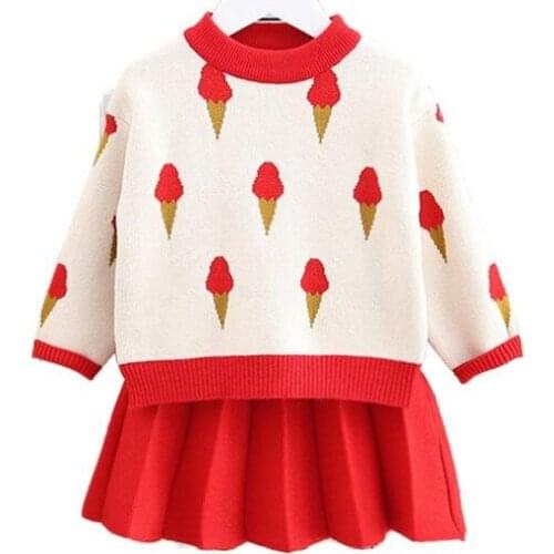 Children Girls Ice Cream Clothing Sets 2019 Fall Korean Long Sleeve Knitted Sweater+Pleated Skirt 2pc For 1-5Yrs Kids Clothes