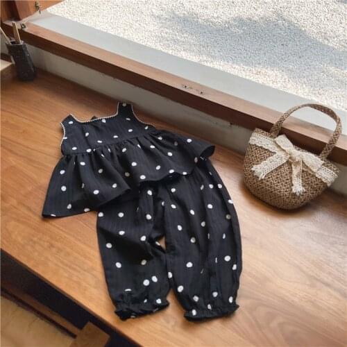 2021 Summer Korean Style Baby Girls Clothing Sets Polka Dots Printed Tops Pants 2pcs Toddlers Kids Princess Backless Outfits