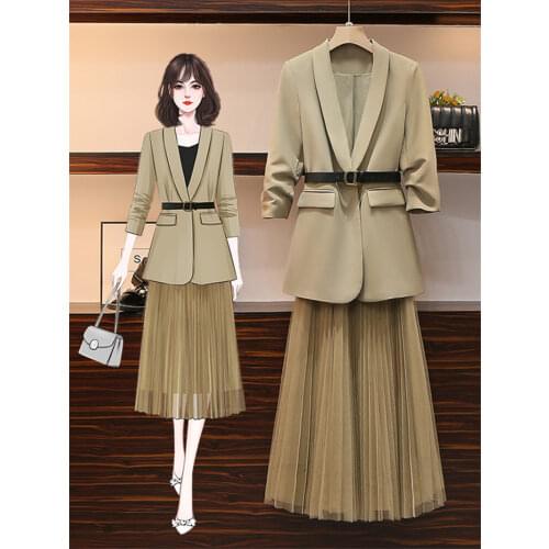 Profession Suit Skirt Plus Size Womens Clothing 2021 New Spring Autumn Blazer Jacket And Mesh Skirt Two Piece Set Outfits M015