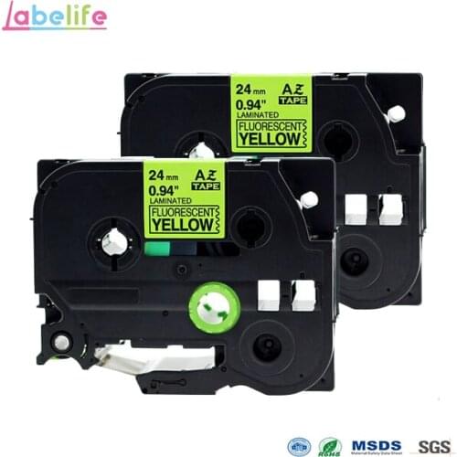 Labelife 2 Pack 24mm X5m Black on Fluorescent Yellow TZe-C51 TZ-C51 Compatible Brother p-touch laminated "TZe" series tape