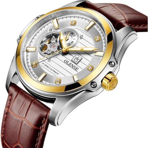 OLENSE Sapphire Glass Automatic Mechanical Watch Man Stainless Steel Case Genuine Leather Strap Mens Watches With Box Clock