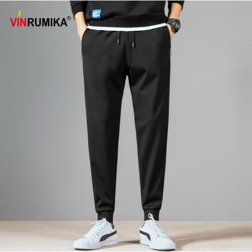 2021 Spring Summer Mens Casual Sports Shrink Feet Long Trousers Man Autumn Zipper Pocket Black Comfortable Ankle-Length Pants