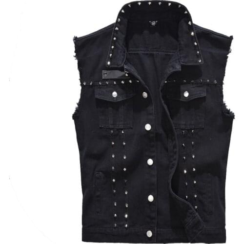 Mens Punk Style Hip Hop Denim Vests Fashion Hi Street Jeans Waistcoat With Rivets Sleeveless Jacket Outerwear Slim Fit Big Size