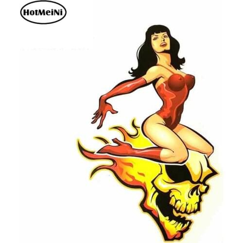 HotMeiNi 13cm x 8.8cm ROCKABILLY Pinup Queen BETTIE PAGE ON FLAMING Skull HOTROD Sticker TOOLBOX Decal Car Sticker