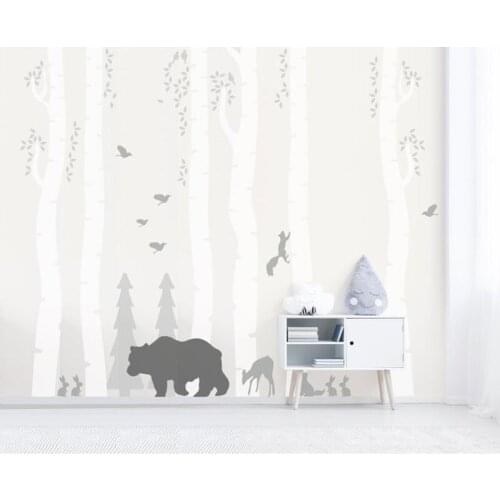 Woodland Wall Decal Birch Tree Nursery Decor Fir Tree Self Adhesive Pine Trees Deer Forest Animals Custom Sticker Mural Z336