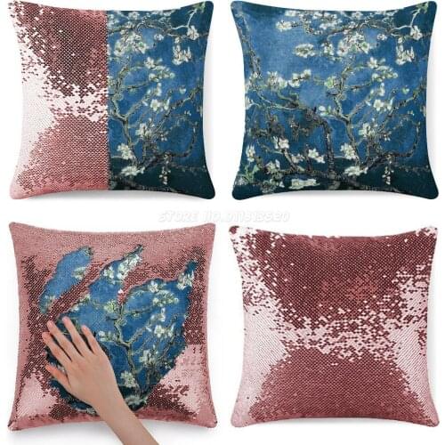 Van Gogh Almond Blossoms Deep Ocean Blue Sequin Pillowcase Magical Cushions Cover 40X40cm Mermaid Blue Vincent Van Gogh Van Gogh