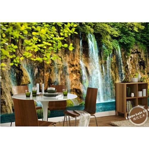 The latest 3D murals,beautiful green tree branches leaves stone waterfall scenery, living room TV sofa bedroom wall paper