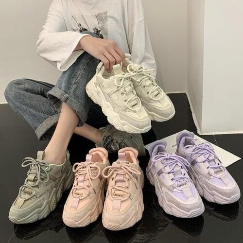 2021 New Fashion Women Leather Chunky Sneaker Shoes Lace Up Women Casual Classic Dad Shoes White Pink Platform Thick Bottom