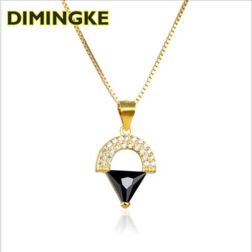 DIMINGKE Inverted Triangle 6*7MM Black Onyx Diamond Female Necklace 100%-S925 Sterling Silver Woman Party Jewelry Gift