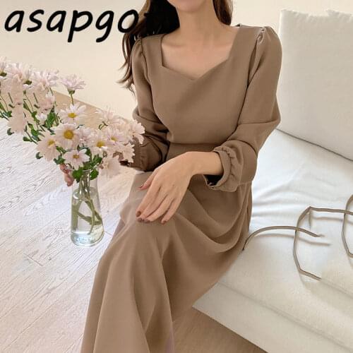 Dresses Temperament Chic Korean Vintage Puff Long Sleeve Square Neck Lace Up Waist A Line Slim Vestidos Minimalist Lady Office