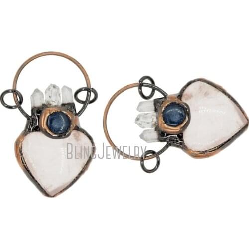 Rustic Copper Fancy Hoop Bail Pendant Heart Rose Quartz Clear Quartz Lapis Pendant PM38119