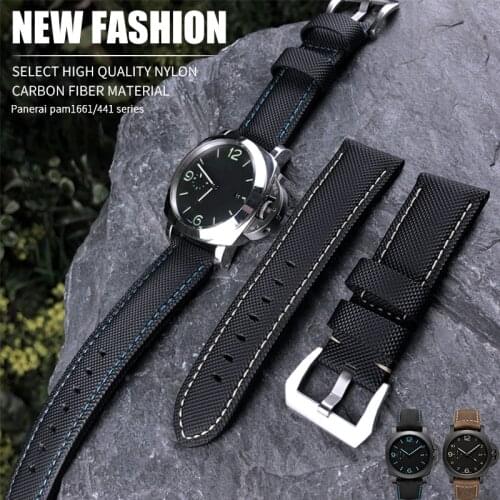 24mm High Quality Nylon Fabric Watch Band Fit For Panerai Black Blue Canvas Genuine Leather Strap Stainless Steel Needle Buckle