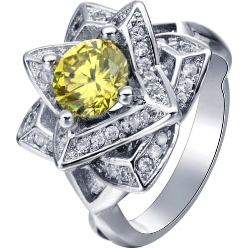 Luxury the created yellow cz love flower zircon Wedding Ring White gold-color yellow Crystal silver plated engagement jewelry