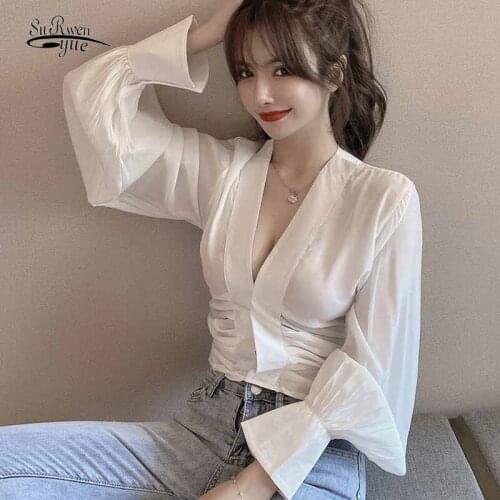 Low Neckline Sexy V-neck Long Lantern Sleeve Fashion Pleated White Shirt Spring Autumn Slim Short Blouse Women Black Tops 12332
