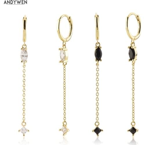 Andywen 100% 925 Sterling Silver Classic Clear Black Drop Earring Long Chains Piercing Pendiente Luxury Jewelry Wedding Clips