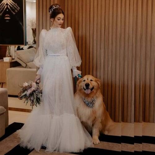 Chic Lace Lining Bohemian Wedding dresses High Collar Puffy Long Sleeve Ruched Tulle Garden Bridal Dresses Vestido De Noiva