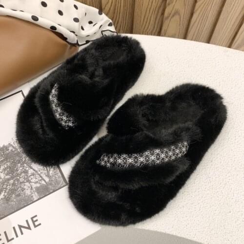 Women Shoes Fluffy House Slippers Cozy Faux Fur Cross Floor Indoor Slides Female Slip on Furry Flip Flops Warm Shoes Slippers