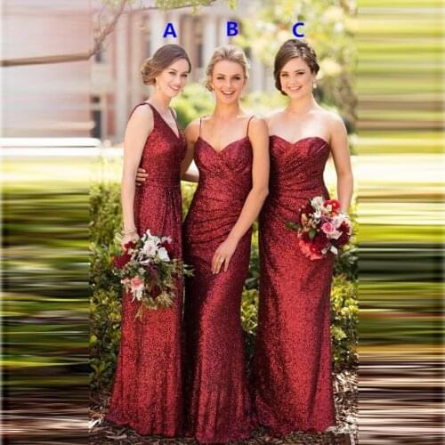 Dark Red Brideamaid Dresses Full Sequins Mixed Style Spaghetti Straps V-neck Sheath For Bridal Party Wear boda vestido