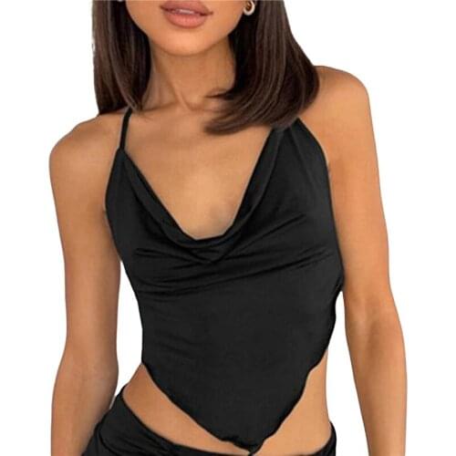 Womens Halter Crop Cami Tops Fashion Sleeveless Cowl Neck Solid Color Self Tie Backless Camisole Black 2021 Streetwear