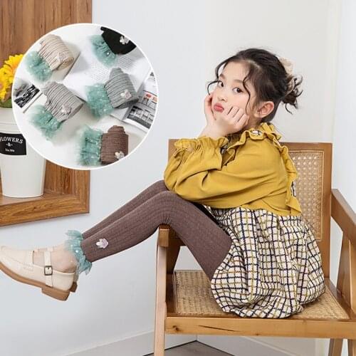 Spring and summer thin girls vertical strips polka dot green lace strawberry cropped trousers cute baby slim cotton leggings