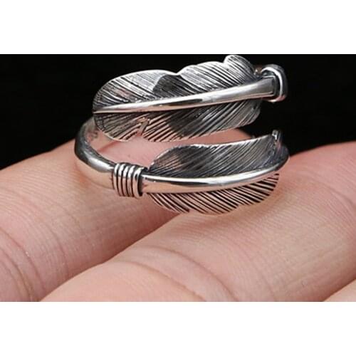 Apinje Vintage 925 Sterling Silver Open Ring for Men And Women Feather Rings Jewelry