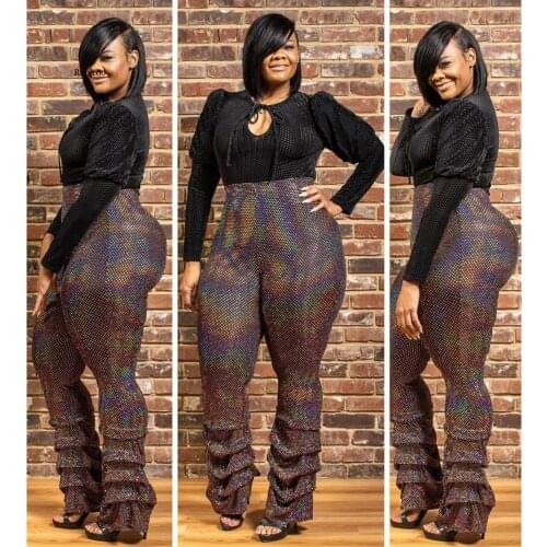 Rebicoo Plus Size Unusual Flaring Sexy Untidy Mature Age Fashion Solid Elastic High Waist Women Long Straight Pants