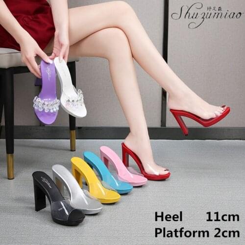 Outside Large Size Womens Shoes Sexy Rhinestone Square Heel Solid Thick 11CM Super High Heel Party Club Modern Slippers Ladies