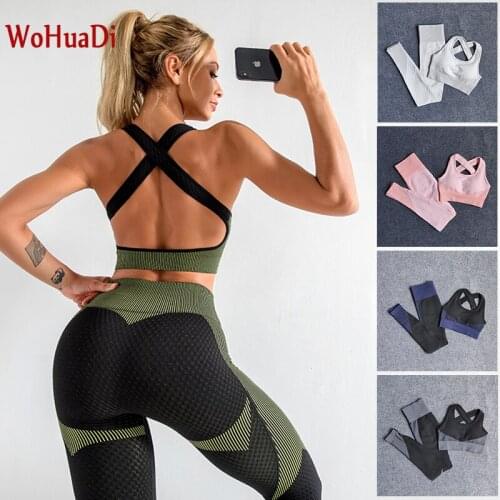 WOHUADI 2020 New Yoga Suits Women GYM Clothes Sets Seamless Crop Top Yoga Pant Fitness Clothes Workout Leggings 2 Piece Set