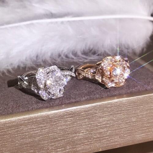 Fashion Ring Rose Golden Flower Trendy Engagement Claws Design Rings Women Zircon Cubic Elegant Rings Female Wedding Jewerly