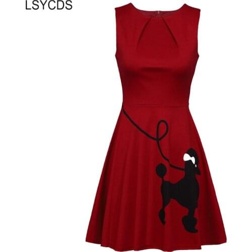 LSYCDS Summer Dress Ruched Neckline Sleeveless Dog Print Cute Dress Women A Line Casual Dresses