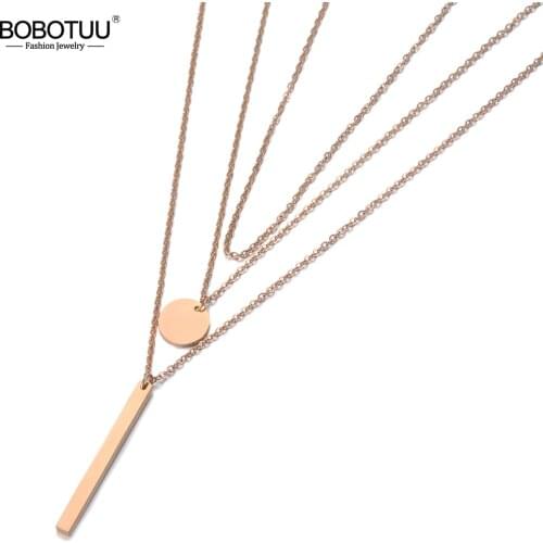 BOBOTUU Bohemia Style Three-layer Geometric Charm Pendant Necklaces For Women Titanium Steel Chain Choker Necklace BN19149