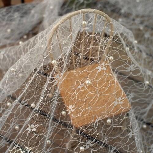 1meter White yarn white pearl designer irregular beaded mesh fabric lace dress perspective fabric