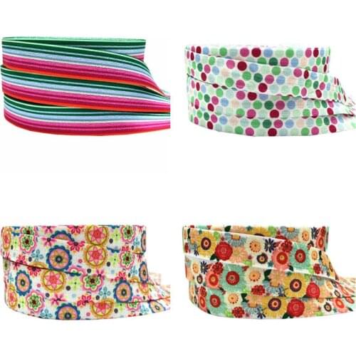 10 Yard 5/8" 15mm Geometric Stripe Flower dot butterfly Print Fold Over Elastic FOE Spandex Band Dress Sewing Trim