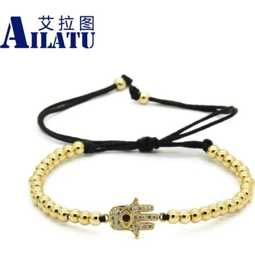 Ailatu 4mm Round Bronze Beads Hamsa Fatima Hand Style CZ Beads Charm Braiding Macrame Bracelet